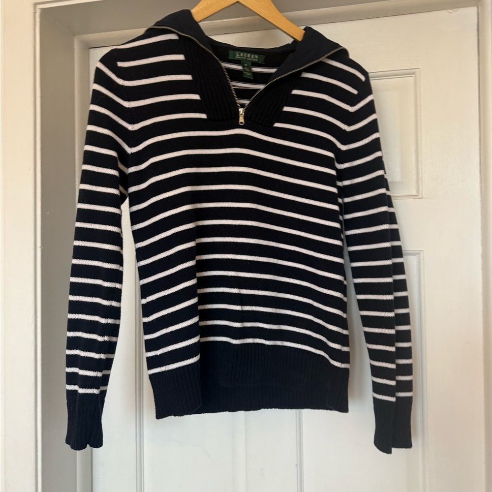 Ralph Lauren Navy and White Striped Women's Sweater Quarter Zip Size M